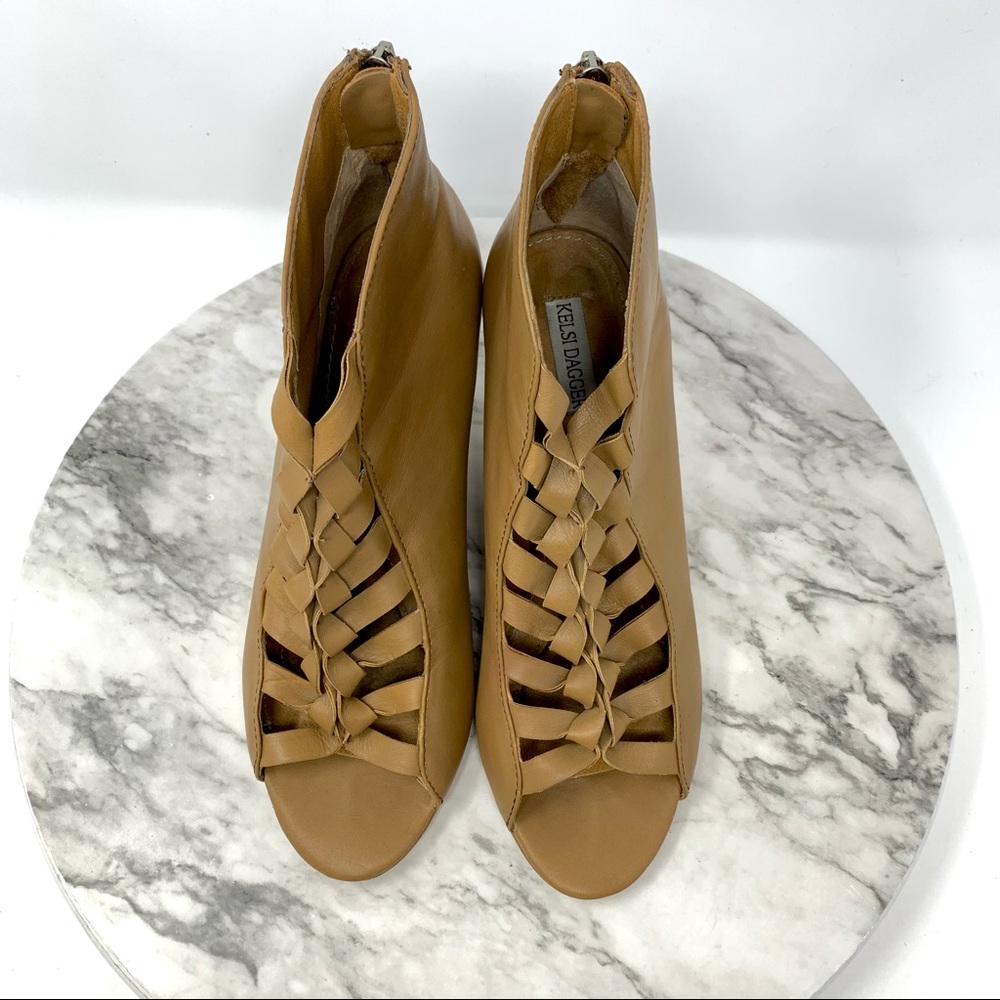 Kelsi Dagger Innis Knot Cage Brown Leather Wedges 8 Edgy Avant Garde Alt Boho - Picture 7 of 14